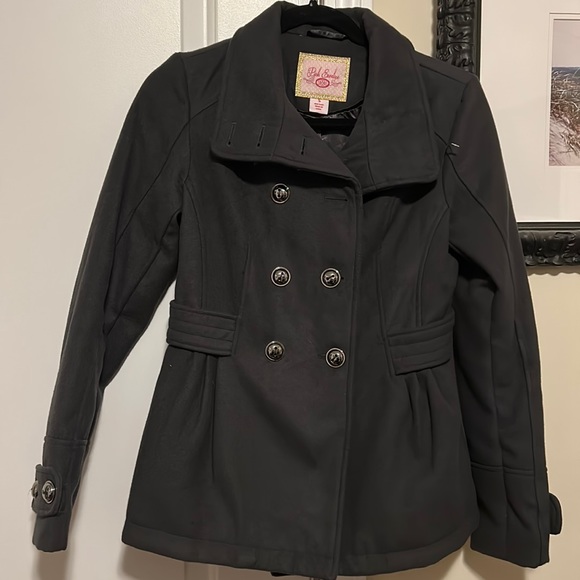 Pink Envelope Juniors M Double Breasted Pea Coat Gray Charcoal Hooded - Picture 1 of 3